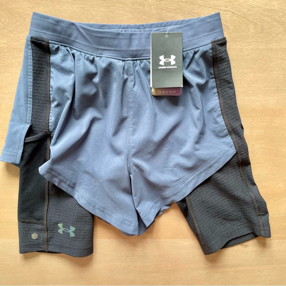 Under Armour Rush Athletic Compression Shorts Blue and Black Performance Design - Picture 2 of 9